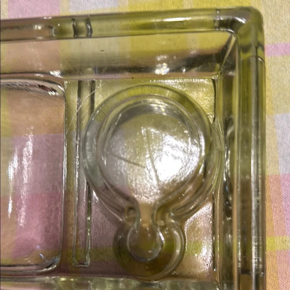 VINTAGE DOUBLE CLEAR PRESSED GLASS DESKTOP INKWELL PEN HOLDER (Early 1900s)